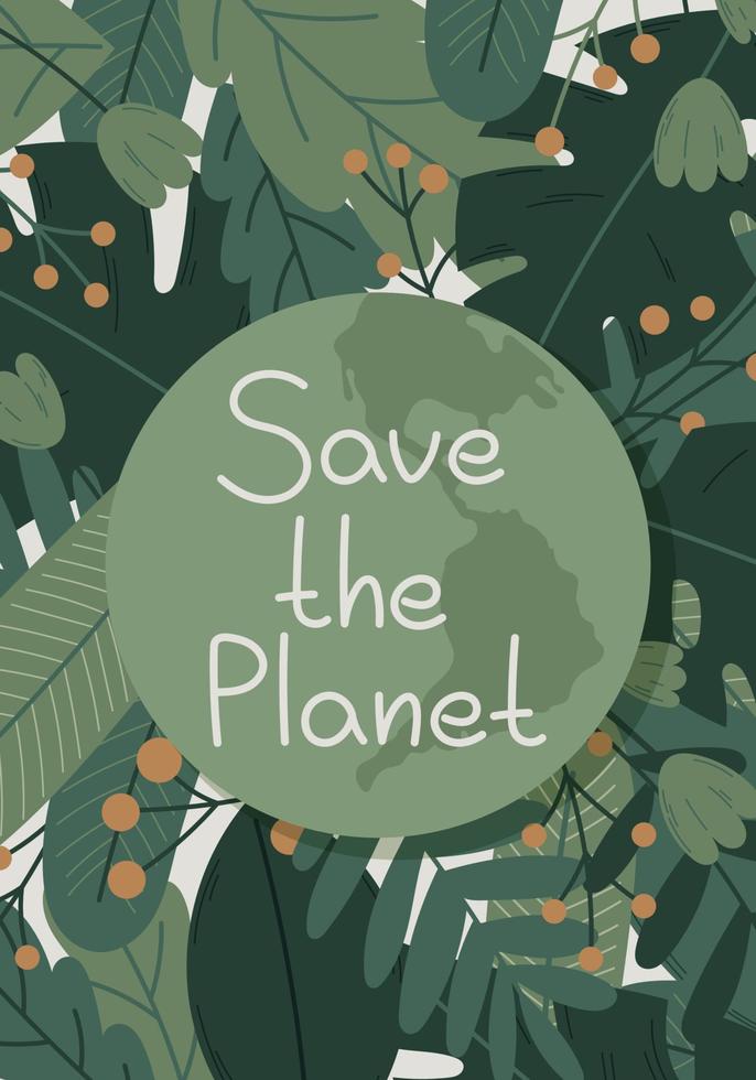 vector verde bandera salvar el planeta. globo tierra y tropical verde dibujos animados hojas, flores y sucursales.
