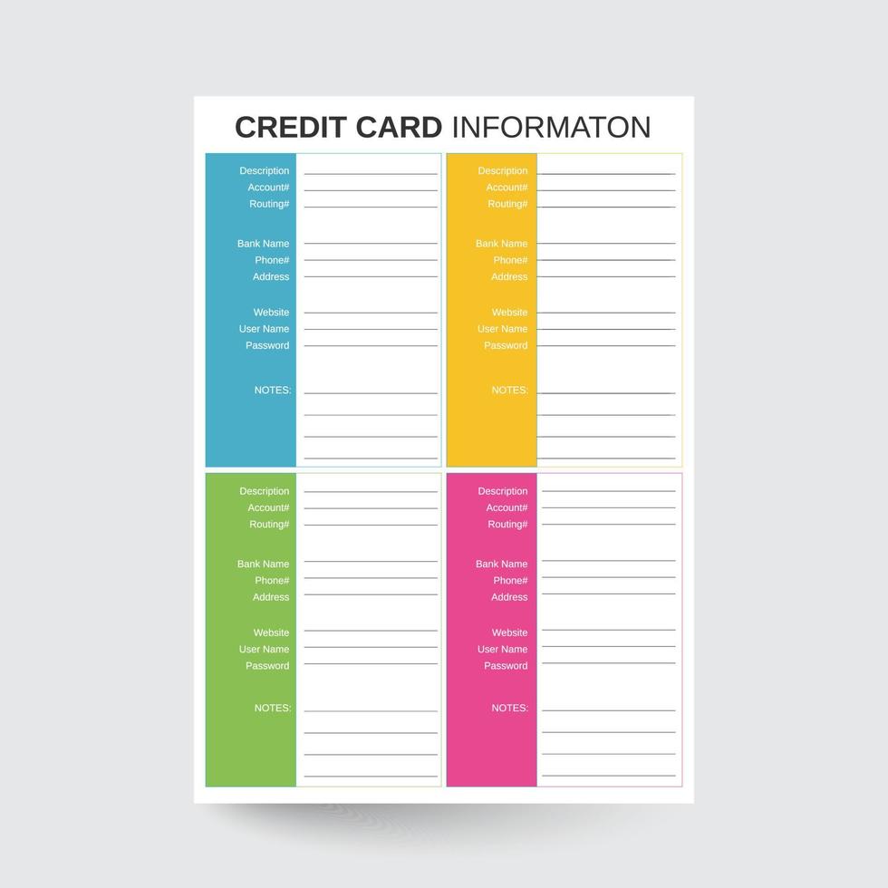 Credit Card Information,Bank Account Information,Credit Card Insert,Credit Card Tracker,Account Info Tracker,Finance Planner,Credit Tracker,Bank Info Tracker vector