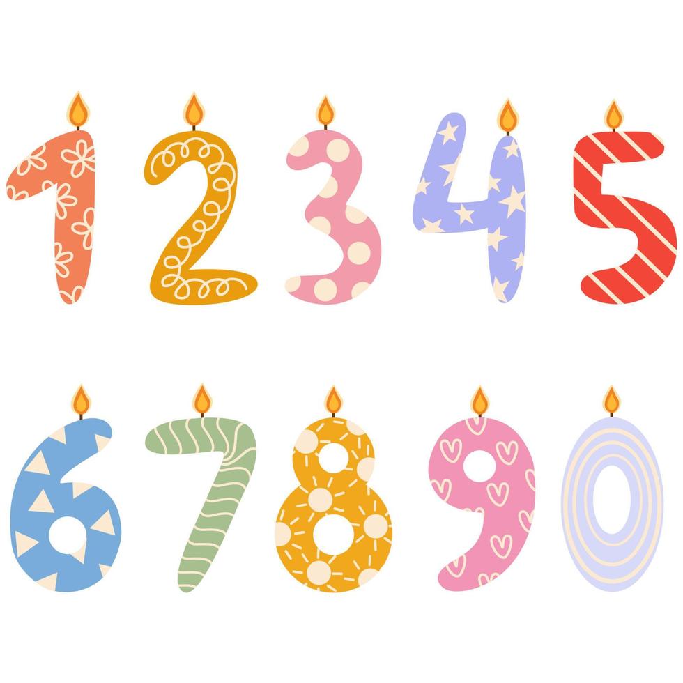 vector cumpleaños velas conjunto en diferente colores. número velas,cumpleaños pastel vela números 0, 1, 2, 3, 4, 5, 6, 7, 8, 9 9