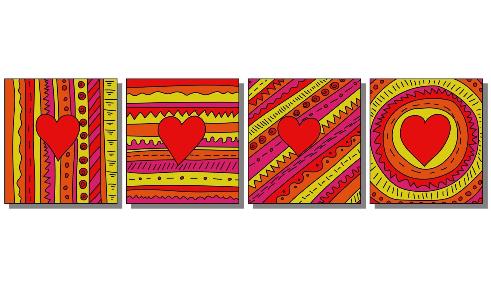 Set of bright cards with hearts, multicolored striped doodle patterns for design vector