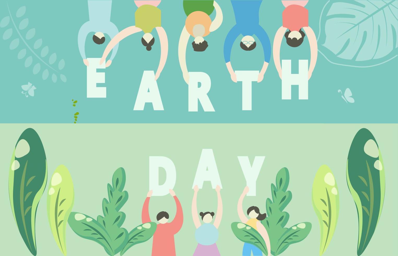tierra día ilustración con personas y letras. plantas antecedentes en abril 22 ambiente concepto. vector diseño para bandera, póster o saludo tarjeta.