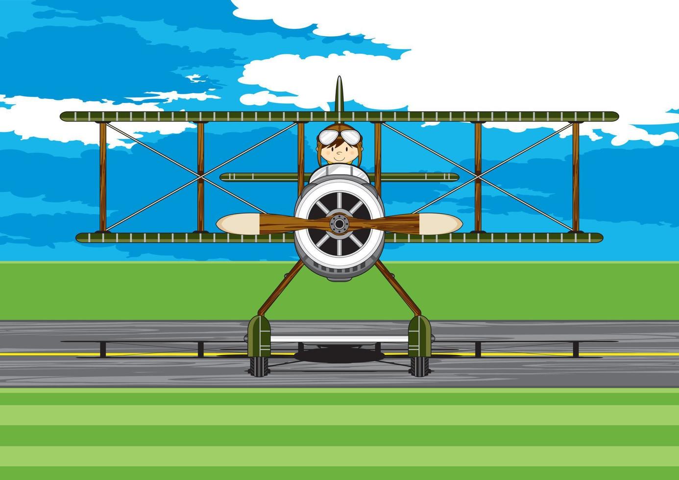 Cute Cartoon Airforce Pilot and Biplane vector