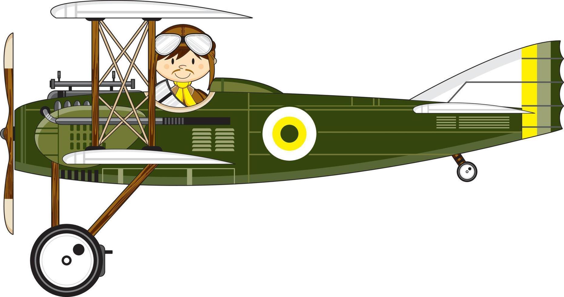 linda dibujos animados ww1 estilo fuerza Aerea piloto y biplano vector