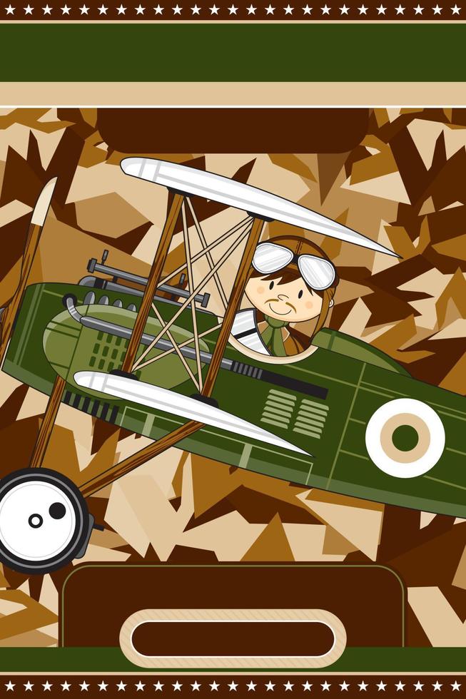 linda dibujos animados ww1 estilo fuerza Aerea piloto y biplano vector