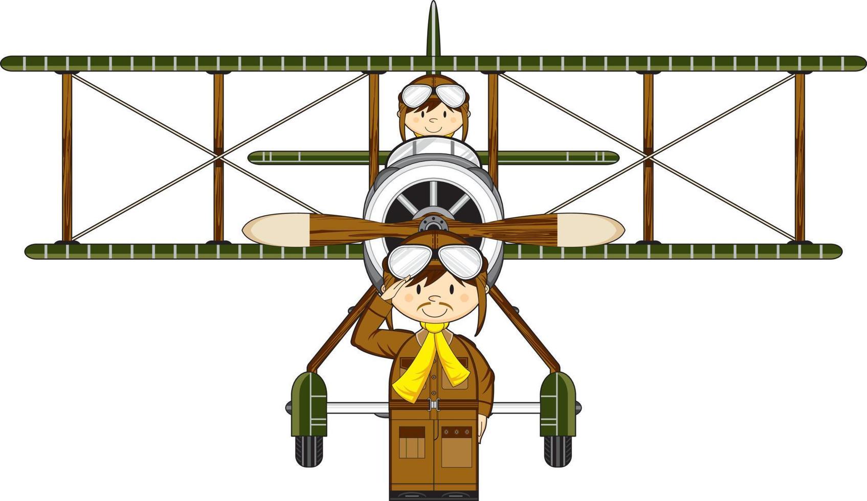 linda dibujos animados ww1 estilo fuerza Aerea pilotos y biplano vector