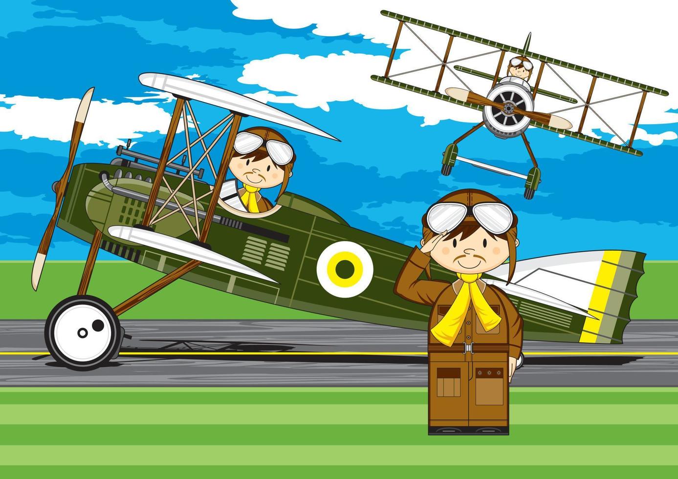 Cute Cartoon Airforce Pilots and Biplane vector