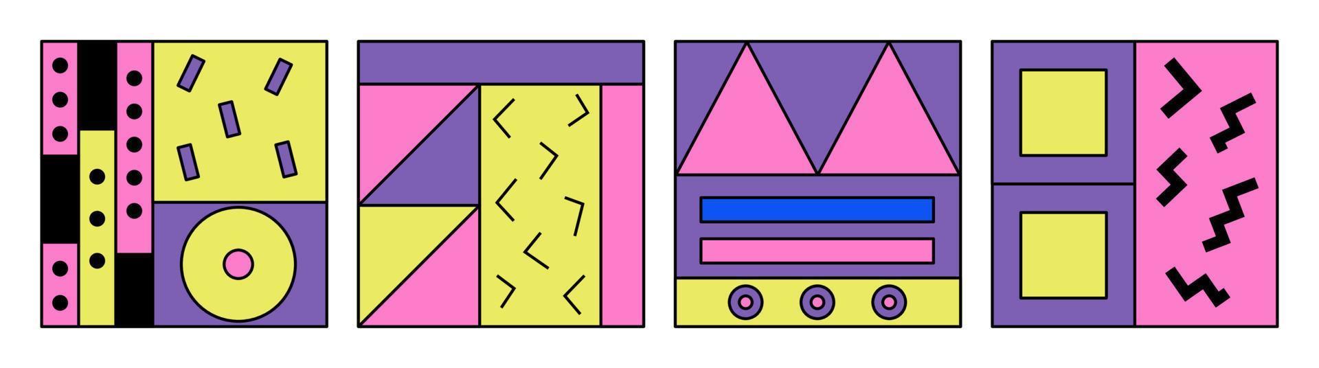 Set of retro abstract squares, Y2k. 80s, 90s Memphis style. Modern geometric playful shapes, patches. Neo-memphis, pop art. Vector illustration.