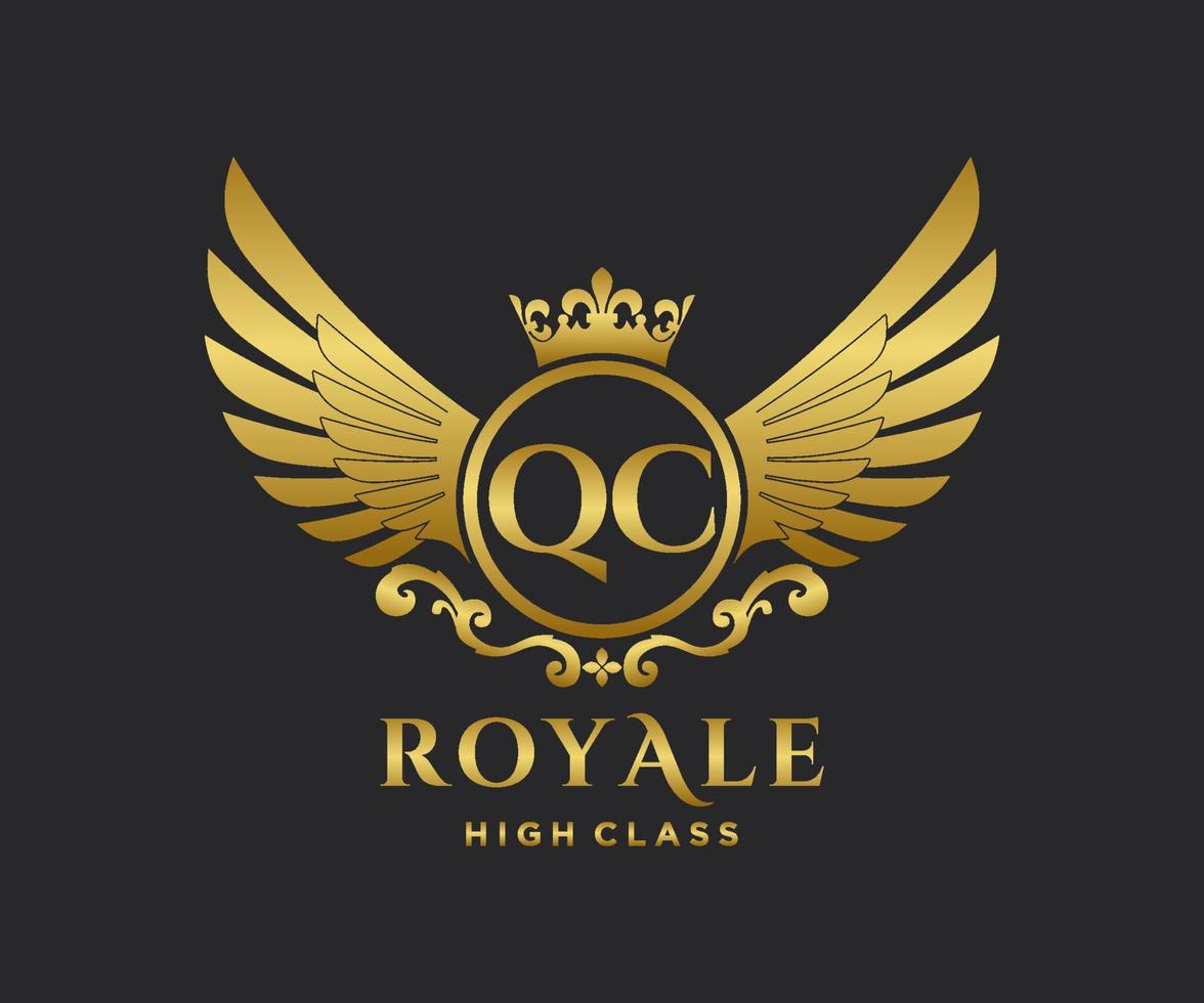 Golden Letter QC template logo Luxury gold letter with crown. Monogram alphabet . Beautiful royal initials letter. vector