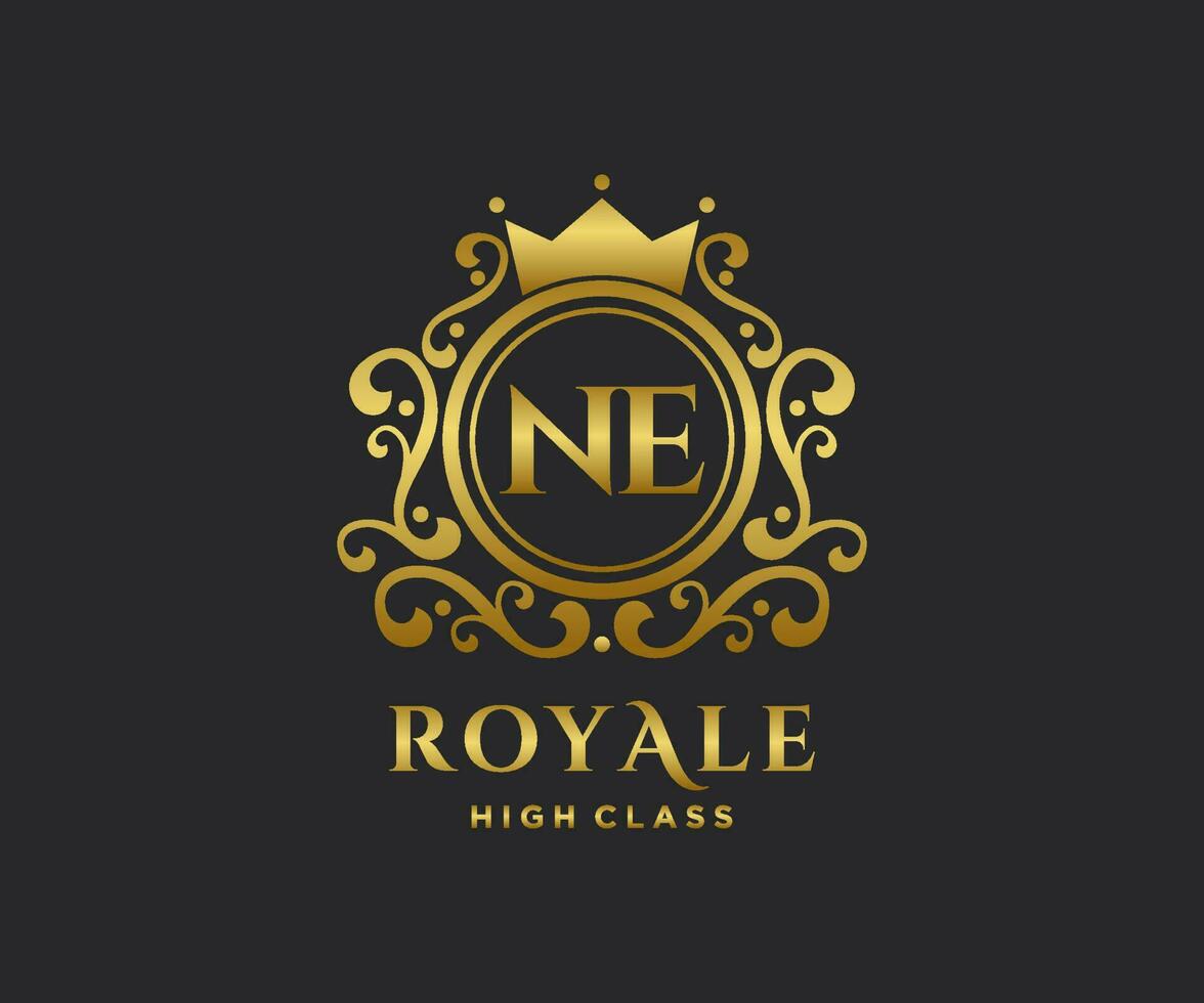 Golden Letter NE template logo Luxury gold letter with crown. Monogram alphabet . Beautiful royal initials letter. vector