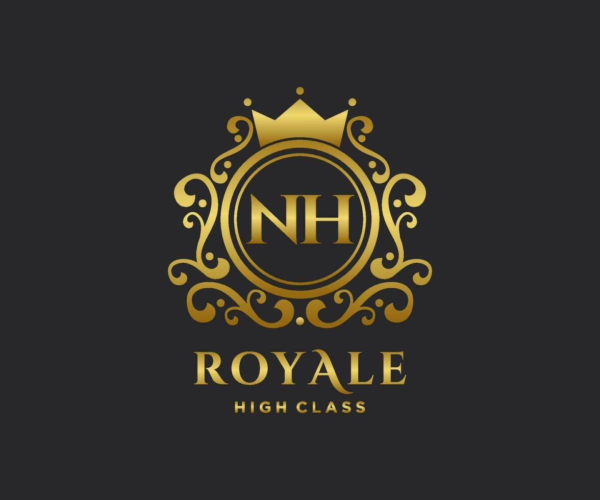 Golden Letter NH template logo Luxury gold letter with crown. Monogram alphabet . Beautiful royal initials letter. vector