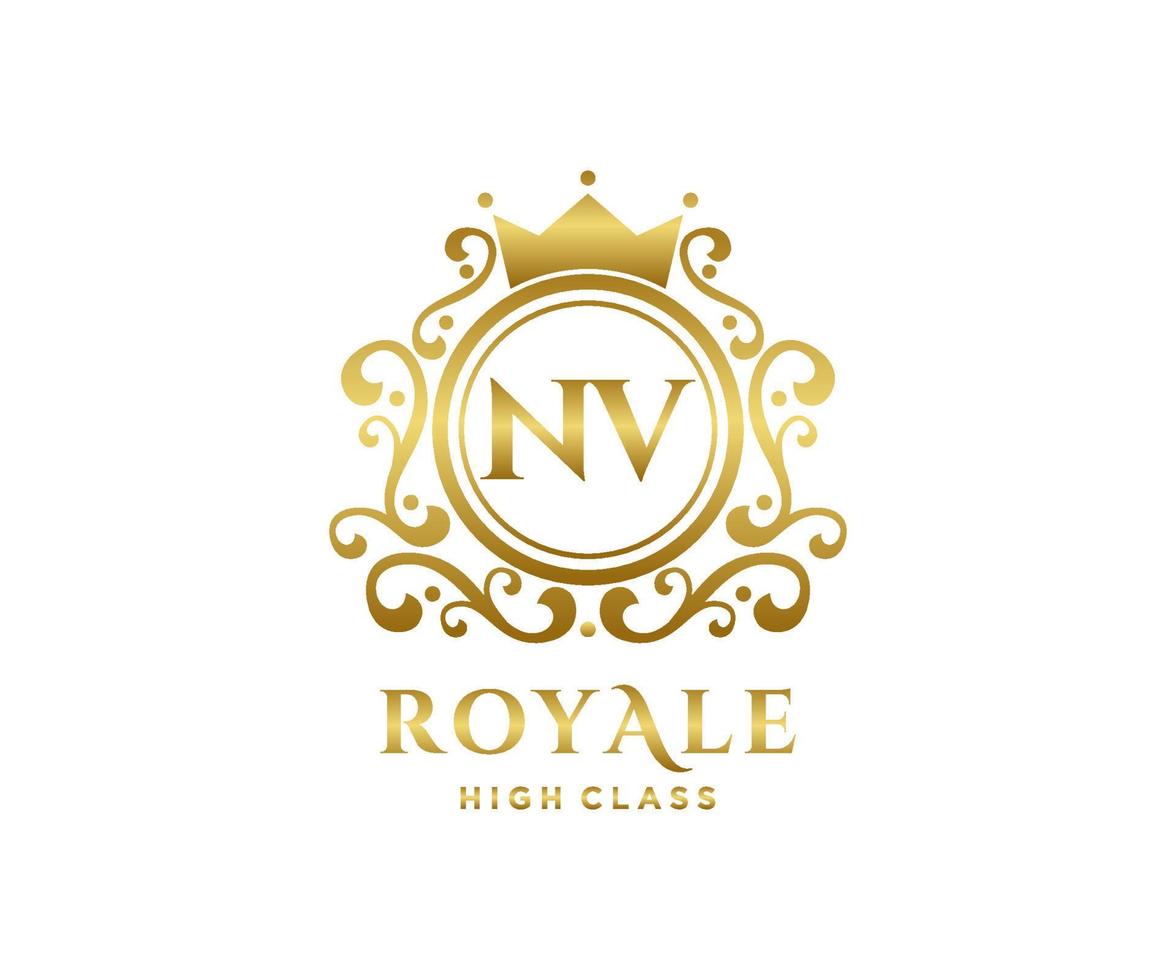 Golden Letter NV template logo Luxury gold letter with crown. Monogram alphabet . Beautiful royal initials letter. vector