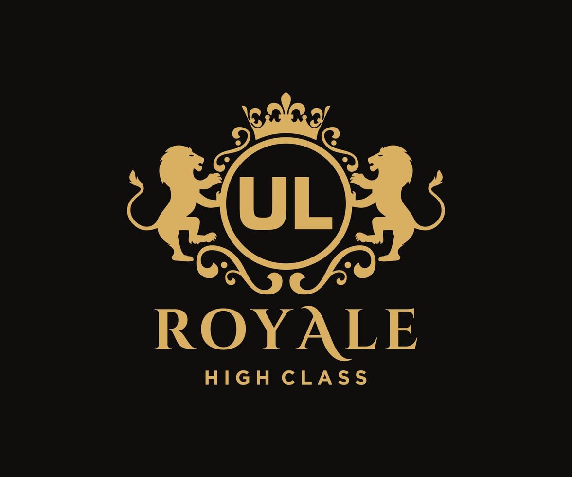 Golden Letter UL template logo Luxury gold letter with crown. Monogram alphabet . Beautiful royal initials letter. vector