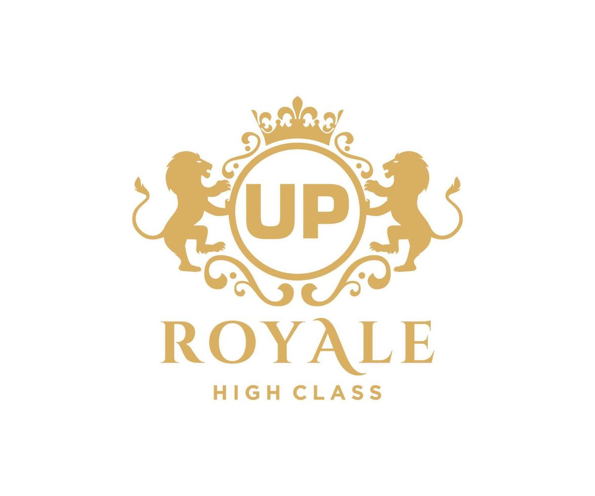Golden Letter UP template logo Luxury gold letter with crown. Monogram alphabet . Beautiful royal initials letter. vector