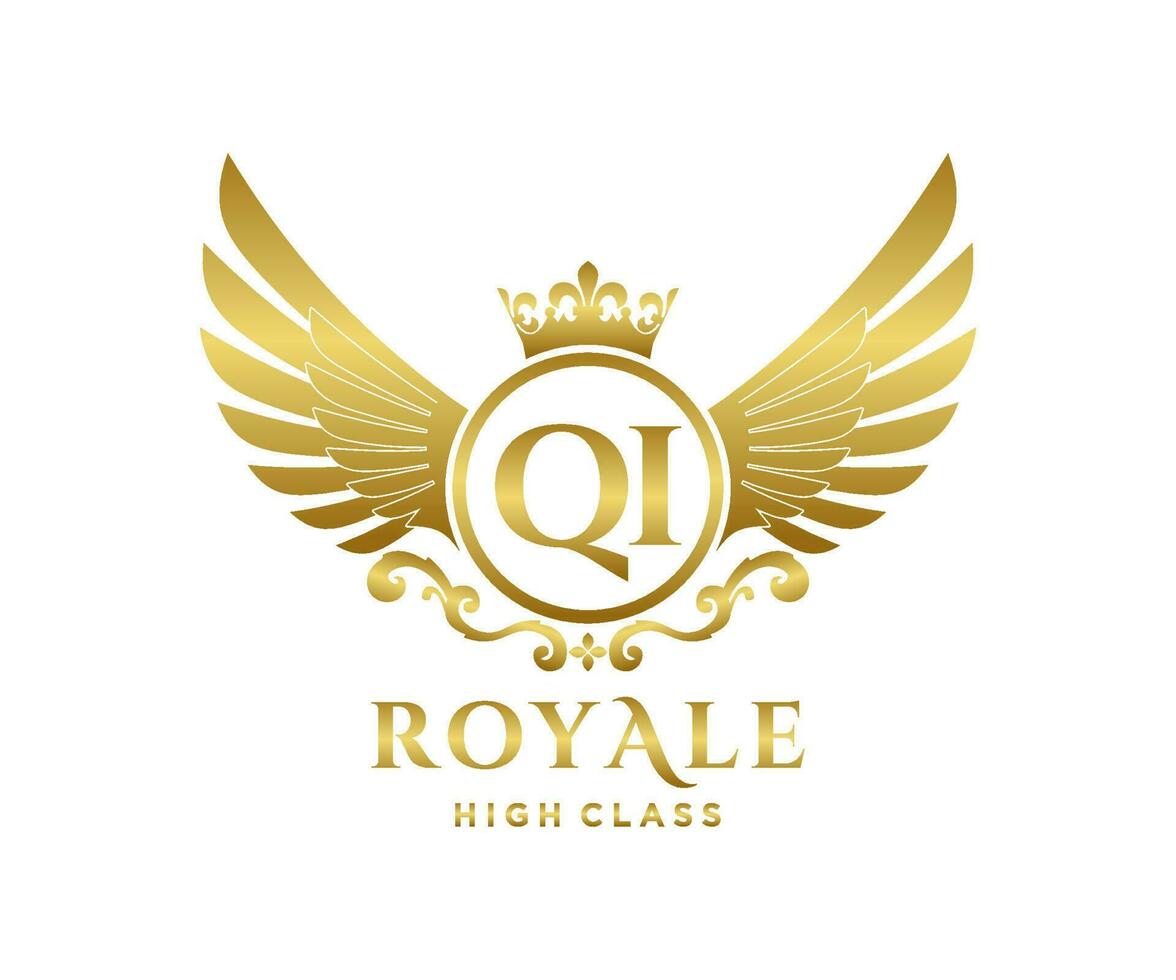 Golden Letter QI template logo Luxury gold letter with crown. Monogram alphabet . Beautiful royal initials letter. vector