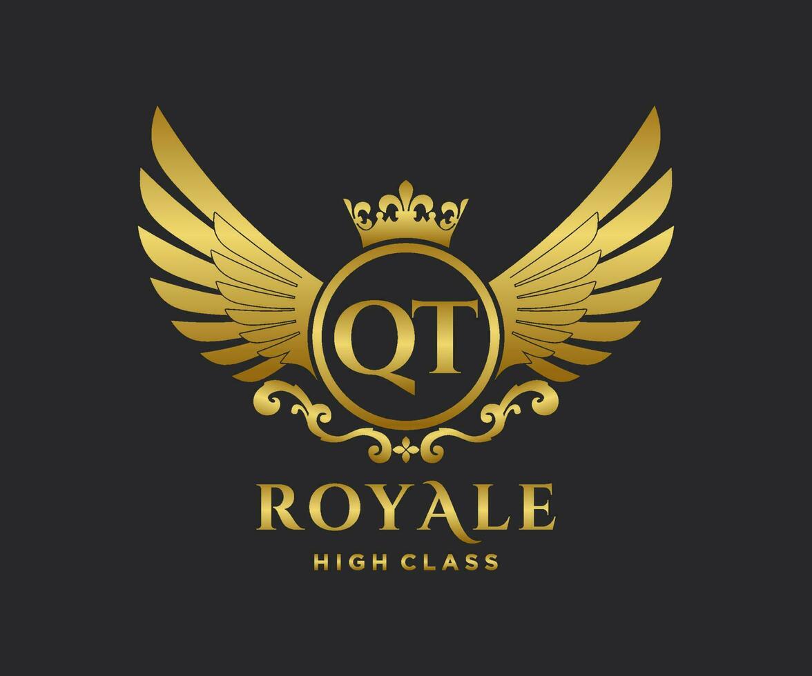 Golden Letter QT template logo Luxury gold letter with crown. Monogram alphabet . Beautiful royal initials letter. vector