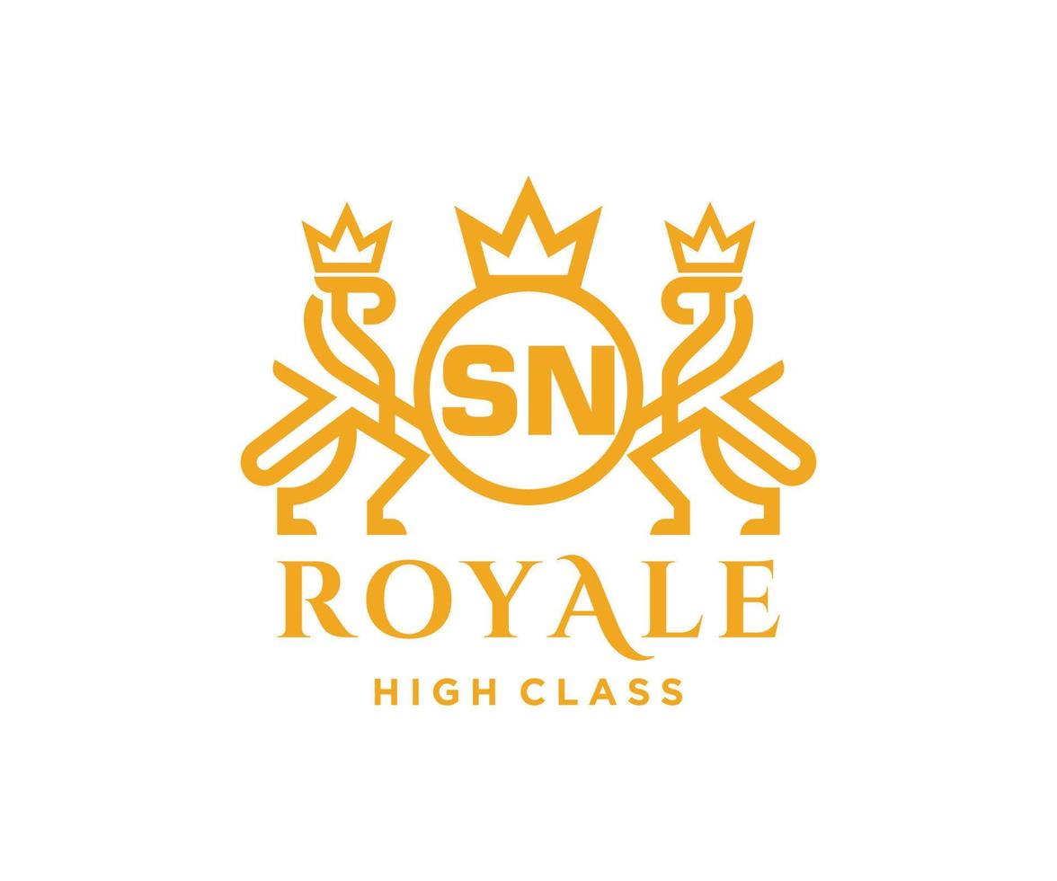 Golden Letter SN template logo Luxury gold letter with crown. Monogram alphabet . Beautiful royal initials letter. vector