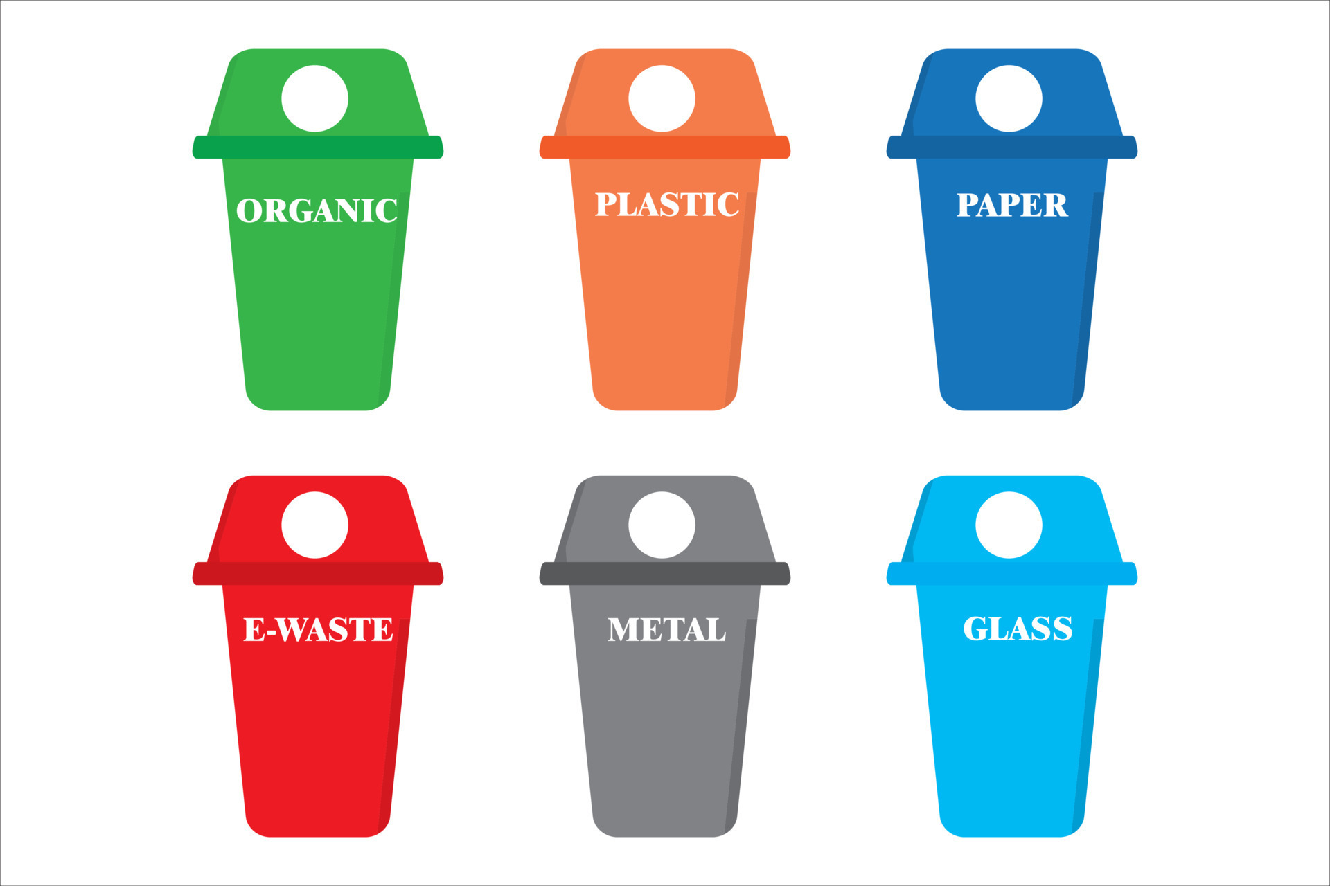 Waste recycling. Containers for organic, plastic, paper, ewaste, metal
