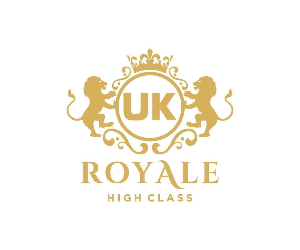 Golden Letter UK template logo Luxury gold letter with crown. Monogram alphabet . Beautiful royal initials letter. vector