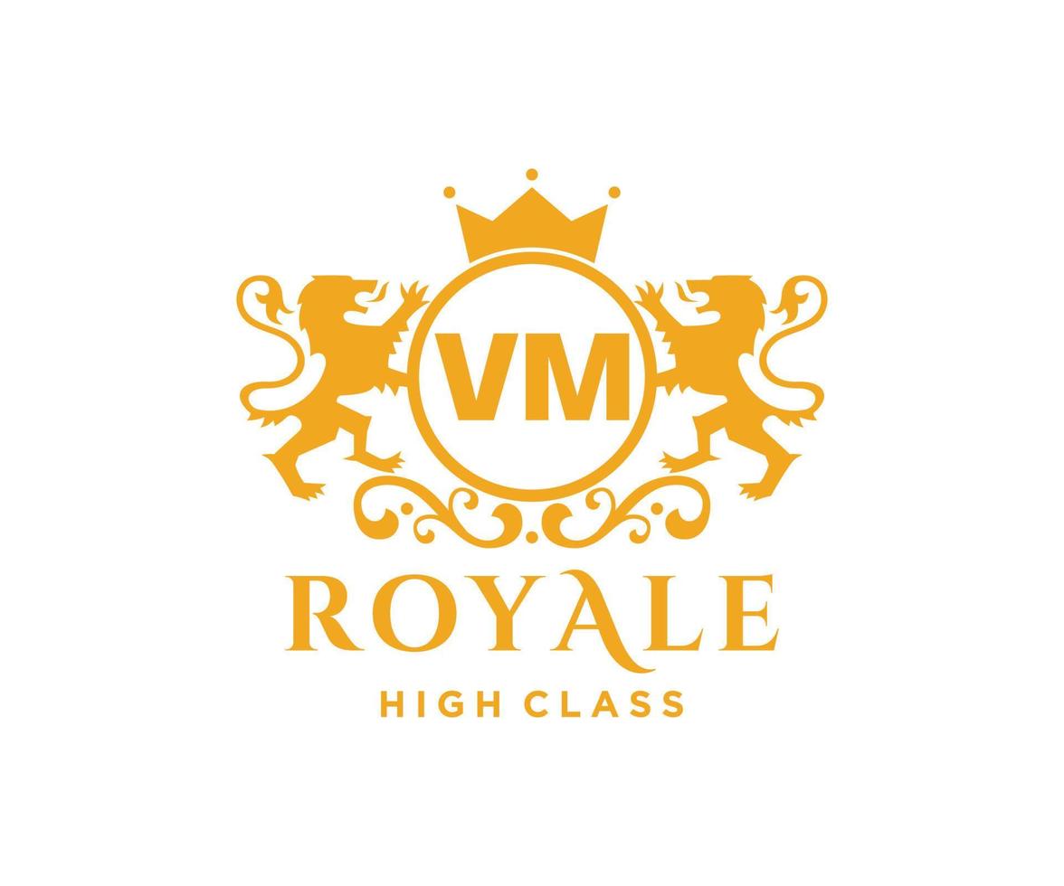 Golden Letter VM template logo Luxury gold letter with crown. Monogram alphabet . Beautiful royal initials letter. vector