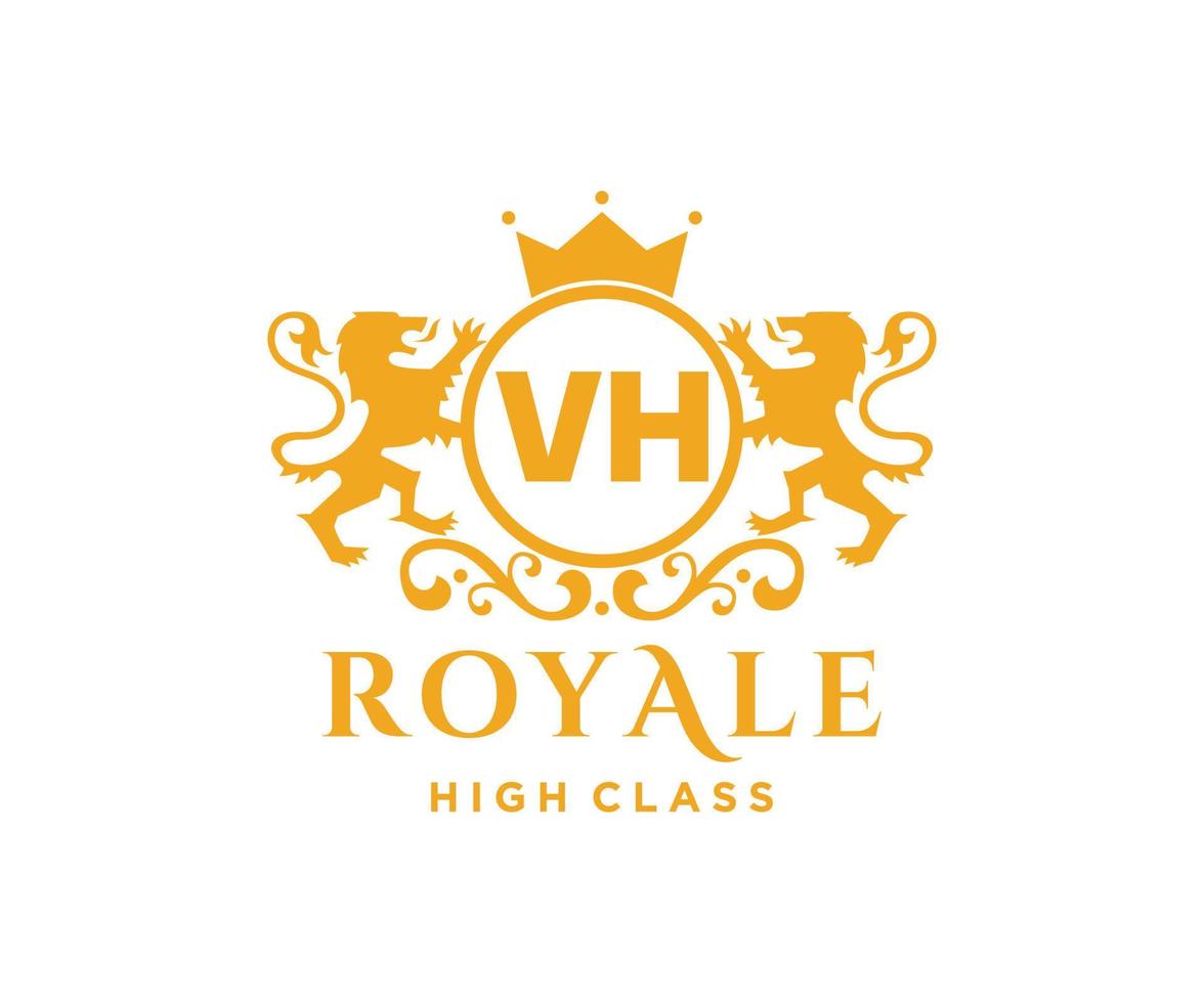 Golden Letter VH template logo Luxury gold letter with crown. Monogram alphabet . Beautiful royal initials letter. vector