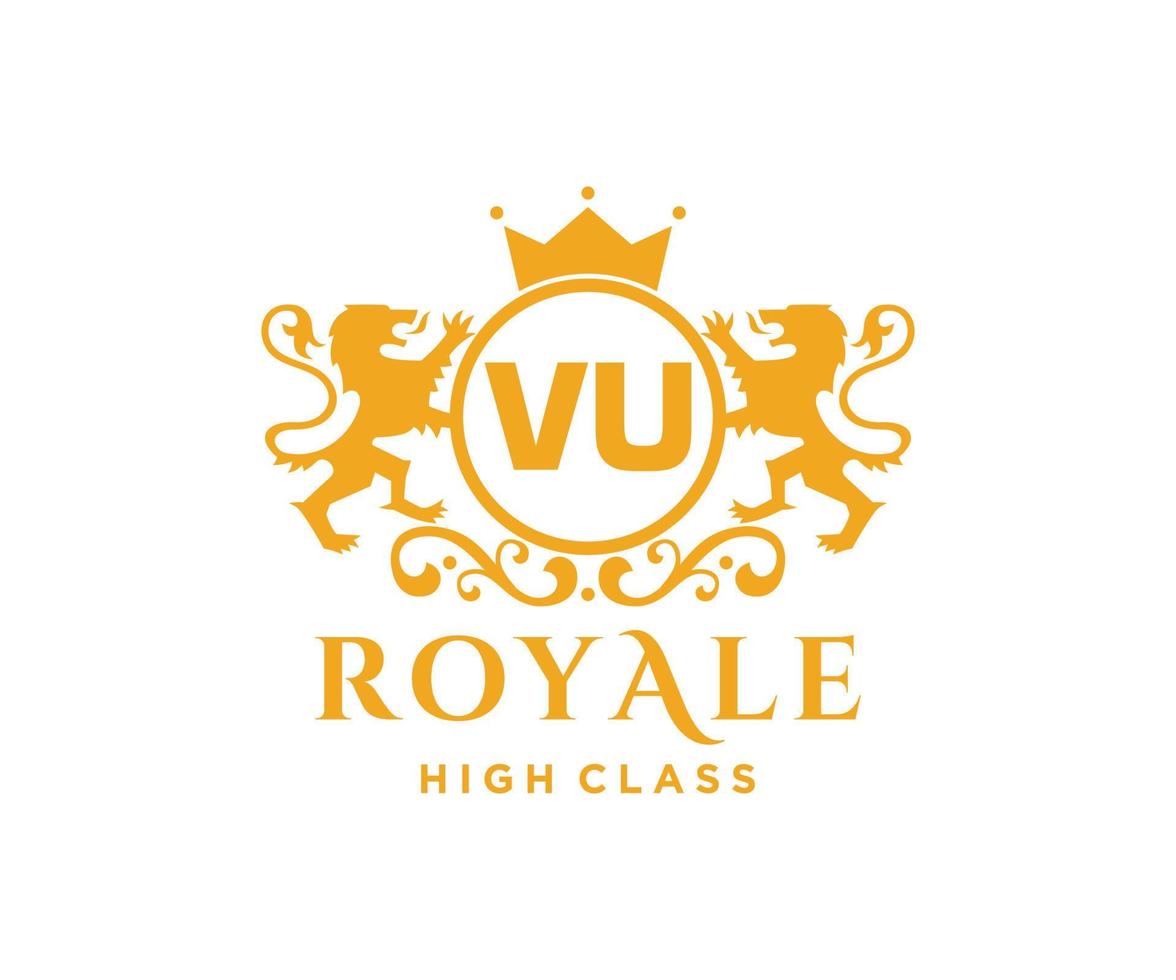 Golden Letter VU template logo Luxury gold letter with crown. Monogram alphabet . Beautiful royal initials letter. vector