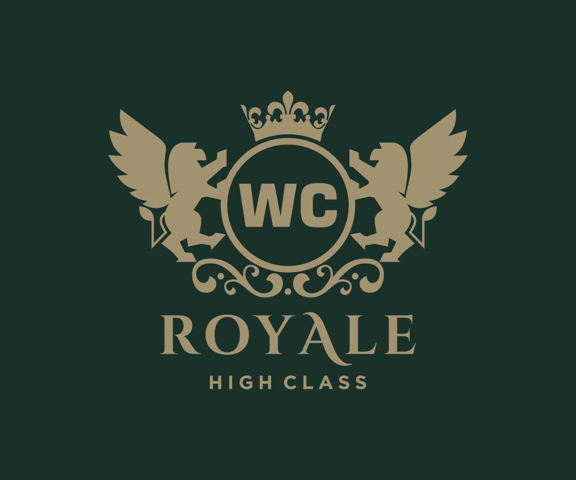 Golden Letter WC template logo Luxury gold letter with crown. Monogram alphabet . Beautiful royal initials letter. vector
