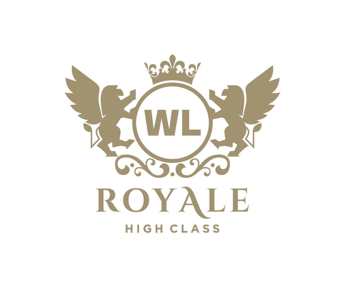 Golden Letter WL template logo Luxury gold letter with crown. Monogram alphabet . Beautiful royal initials letter. vector