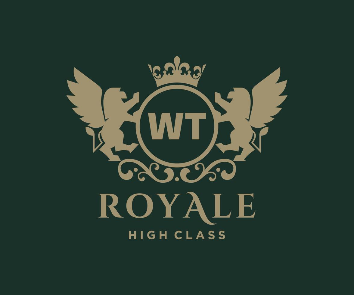 Golden Letter WT template logo Luxury gold letter with crown. Monogram alphabet . Beautiful royal initials letter. vector