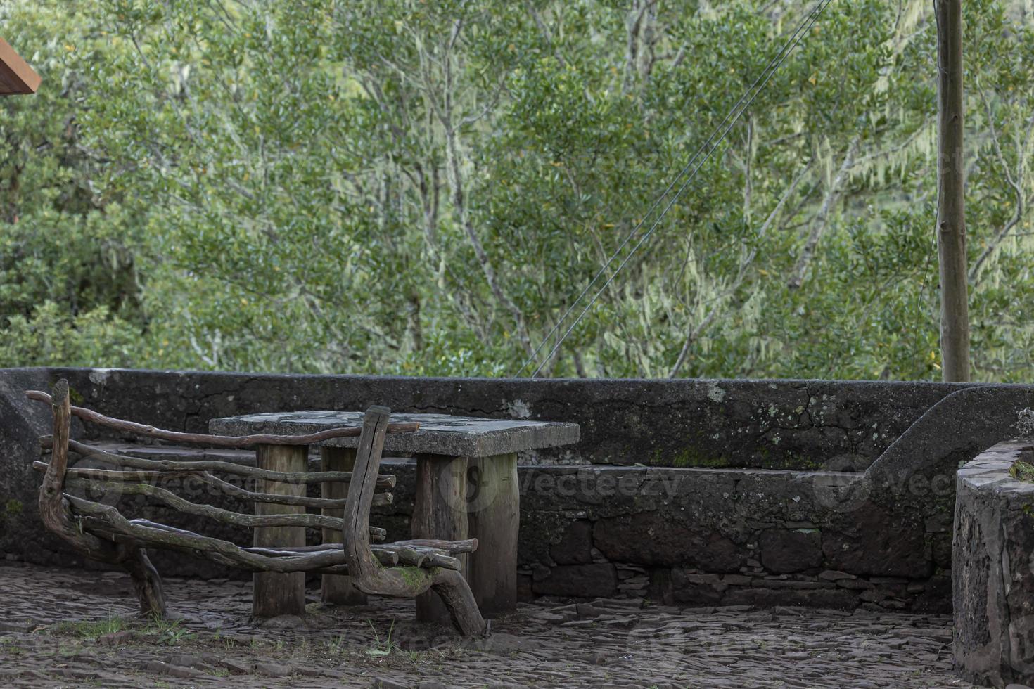 Wooden bench and a stone table in a park surrounded by trees and lush foliage photo