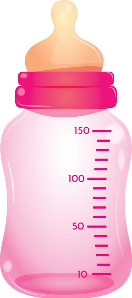 Cartoon pink baby feeding bottle. Vector illustration of newborn baby plastic milk bottle with silicone nipple. Illustration for print, web, mobile and infographics. Baby shower, gender reveal element