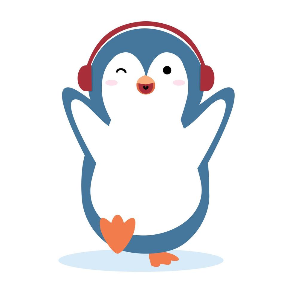 penguin listening to music on headphones cartoon vector