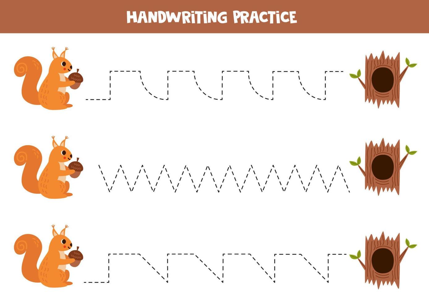 Tracing lines for kids. Cartoon cute squirrel and hollow. vector
