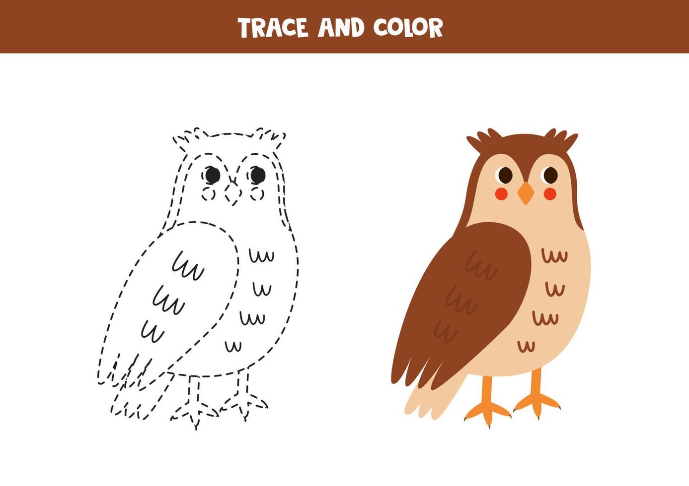 Trace and color cartoon cute owl. Worksheet for children. vector