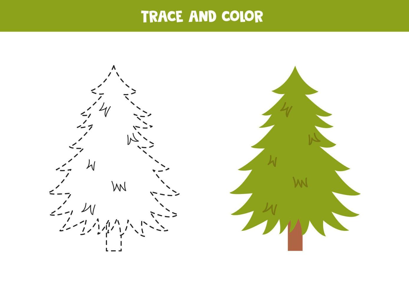 Trace and color cartoon cute fir tree. Worksheet for children. vector