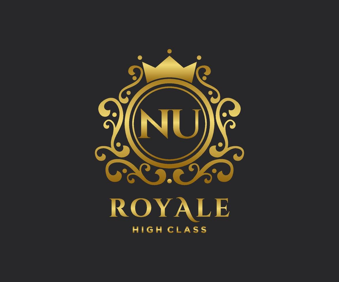Golden Letter NU template logo Luxury gold letter with crown. Monogram alphabet . Beautiful royal initials letter. vector