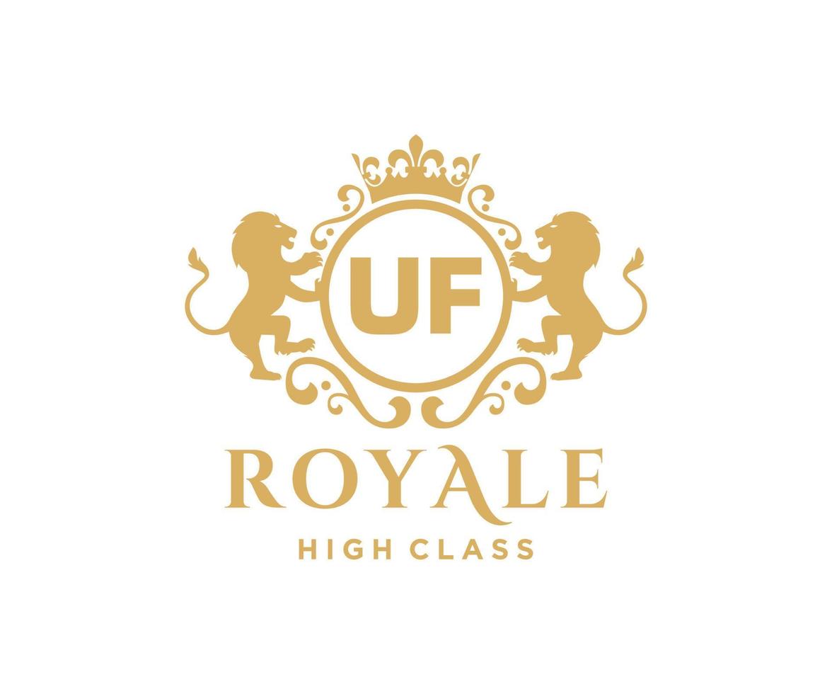 Golden Letter UF template logo Luxury gold letter with crown. Monogram alphabet . Beautiful royal initials letter. vector