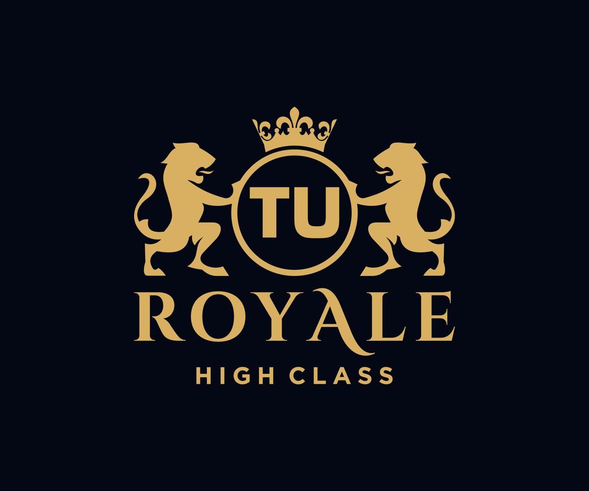 Golden Letter TU template logo Luxury gold letter with crown. Monogram alphabet . Beautiful royal initials letter. vector