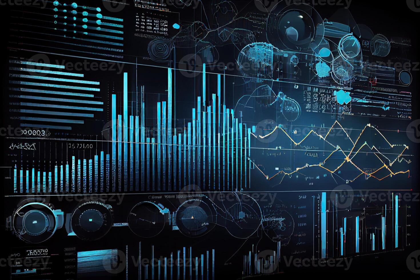 generativo ai ilustración de financiero gráficos, futurista, silueta cripto moneda mercado, isométrica, azul antecedentes foto