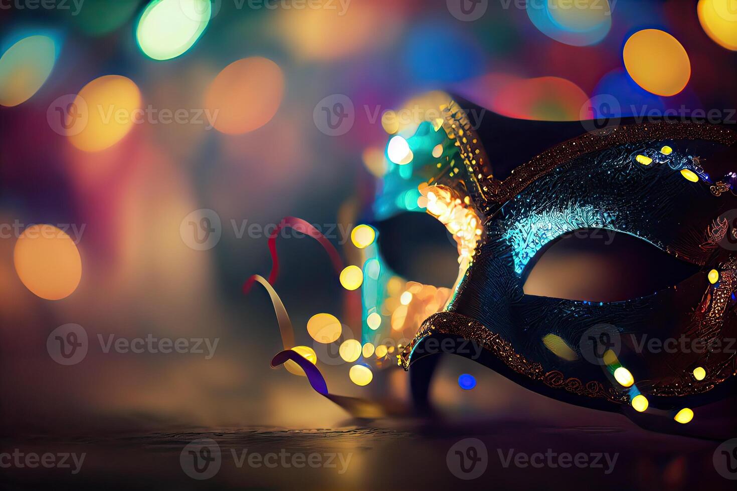 illustration of the vibrant energy and excitement of Brazilian Carnival, Venetian Carnival mask and confetti with abstract defocused bokeh lights and shiny streamers photo