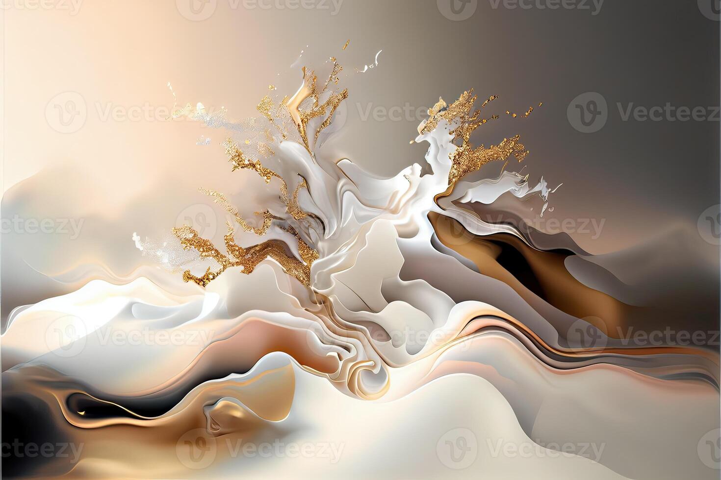 illustration of abstract fluid composing waves of varying sizes and colors is divided into layers, taupe, ivory, white, beige, and soft gold colors, gold glitter photo