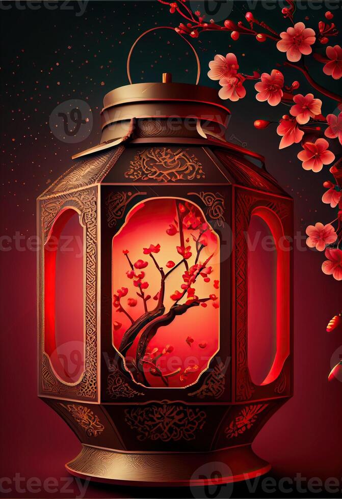 illustration of Chinese traditional red festival background with a chinese red plum blossom, lantern, spring festival, new year, chinese traditional culture element photo