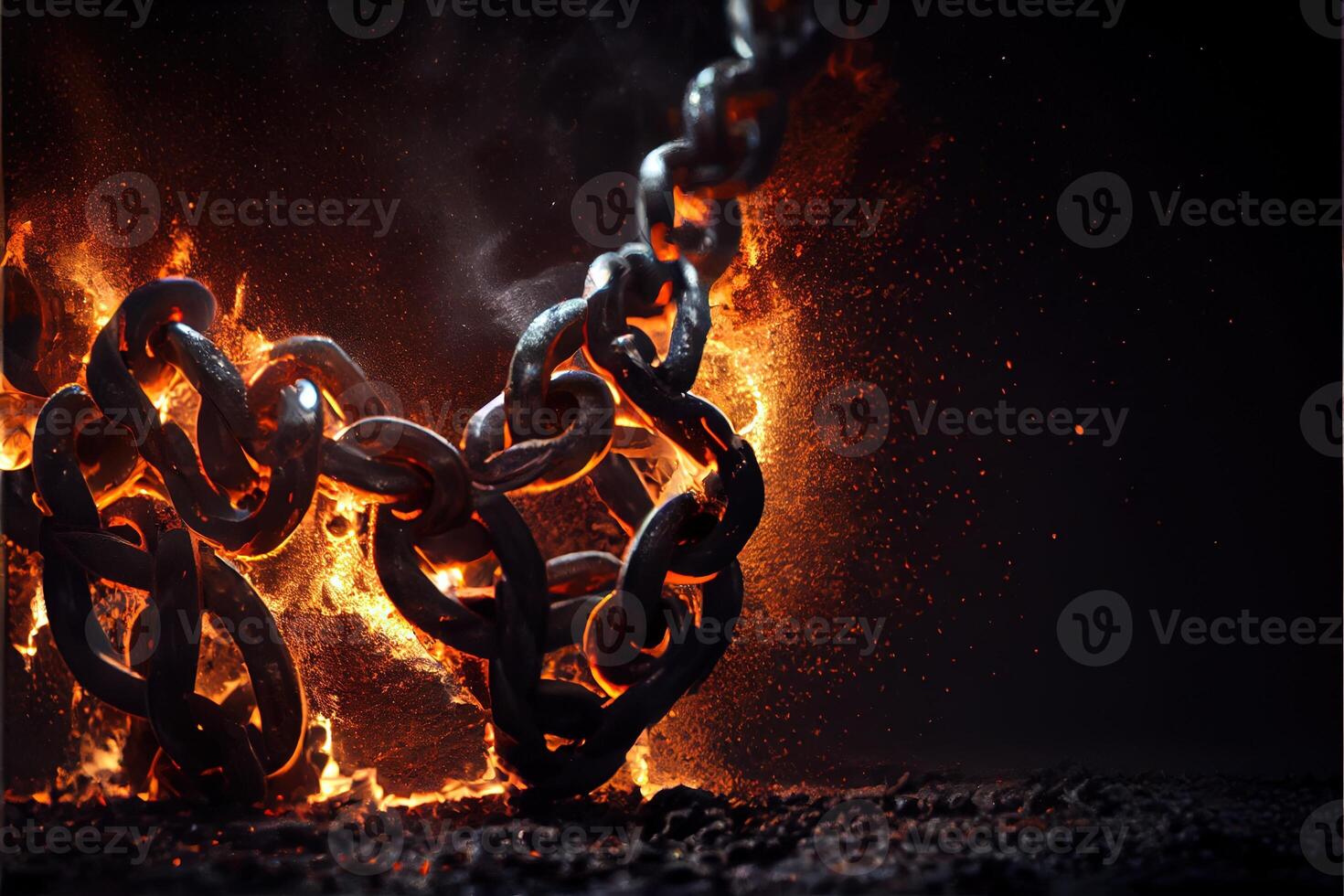 illustration of breaking steel chain with fire dust in dark background. Neural network generated art. photo