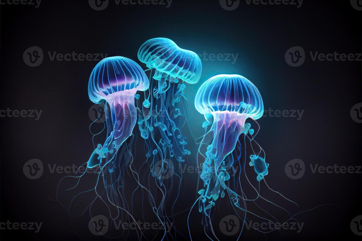 illustration of Glowing sea jellyfishes on dark background, light, magic, sea photo