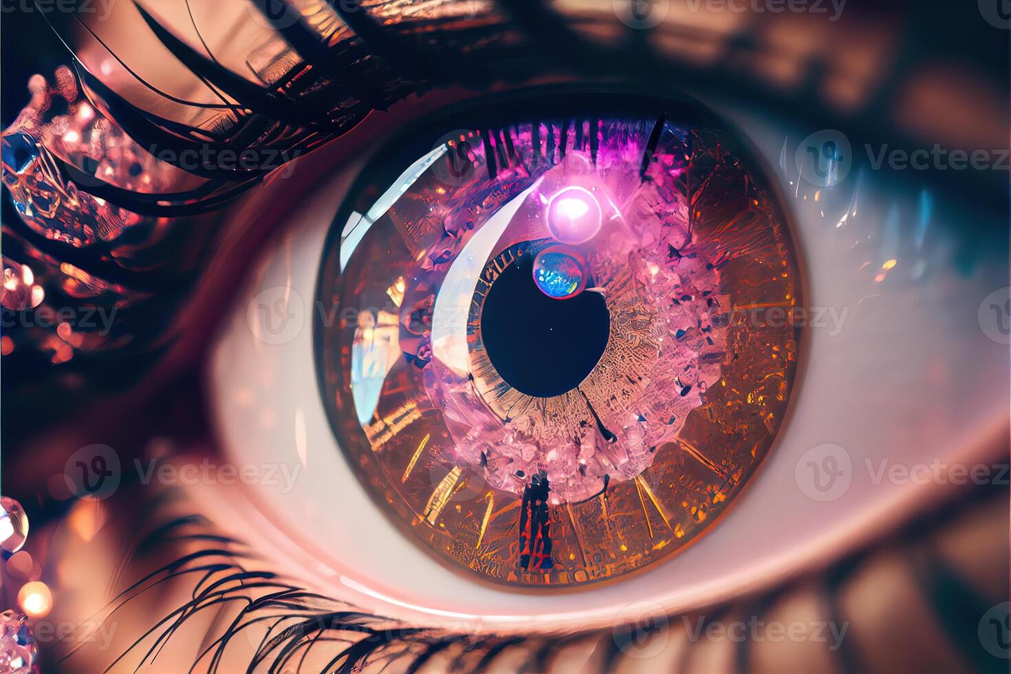 illustration of macro photography shot of realistic female eyes with pink Iris that looks like a Roman numeral analog clock, time in eyes, opalescence and shiny, shattered glass crystals photo