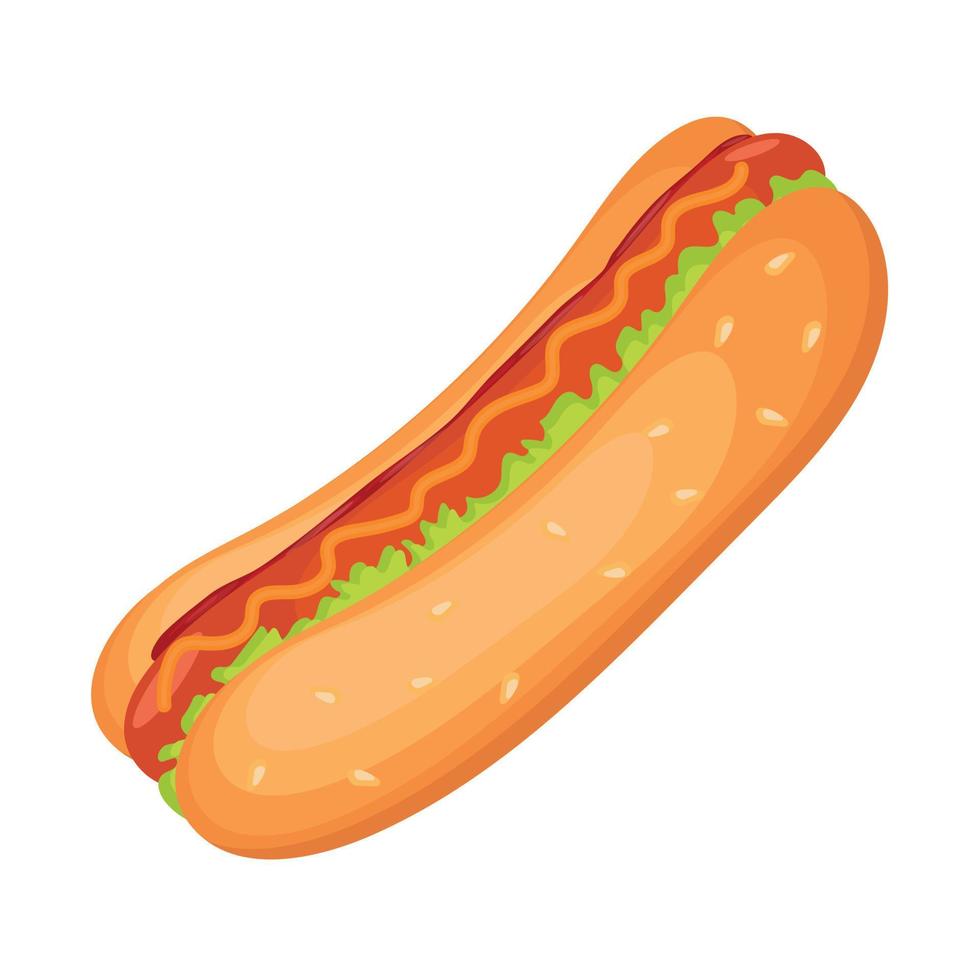 Hot dog with ketchup, lettuce and mustard, sesame seed bun. vector