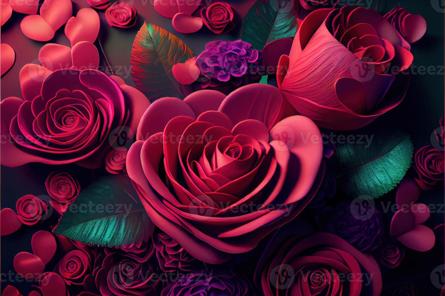 valentines day background, love heart shape make by rose, cherry blossom, daisy flowers... . Neural network generated art. Digitally generated image. Not based on any actual scene or pattern. photo