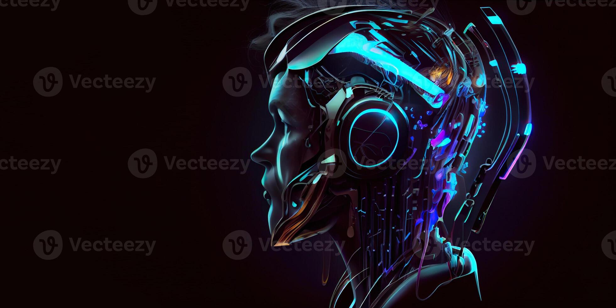 illustration of Metaverse concept and virtual world elements. Side view of human face in augmented or virtual reality headset inside the metaverse photo