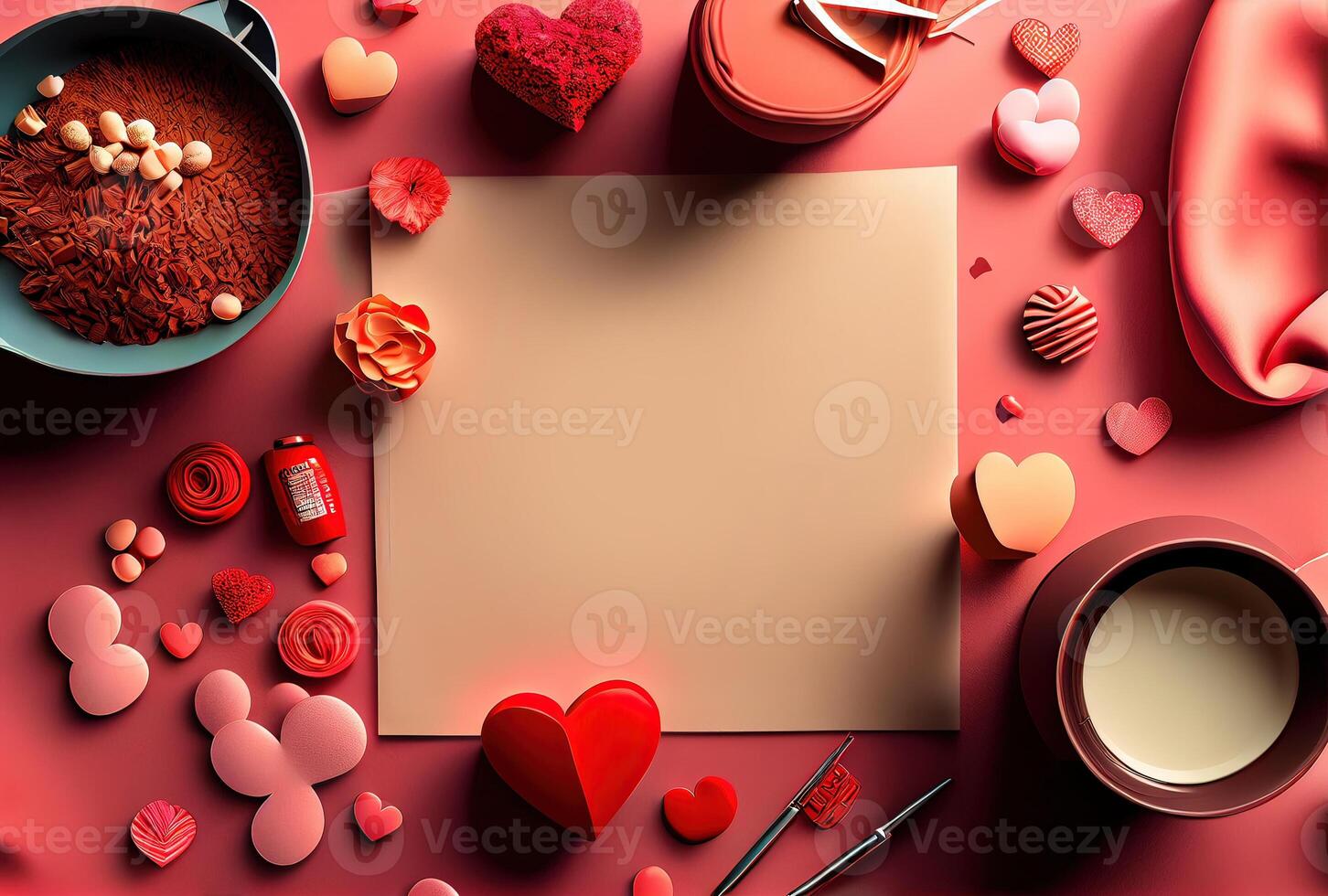 illustration of Valentine frame and banner. Red decoration. flat lay, romantic. Love and valentine day concept. Neural network generated art. Digitally generated image. photo
