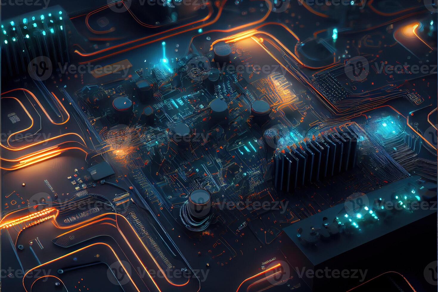 illustration of macro shot of circuit cyberspace board with computer motherboard component microchip with chip structure. Neural network generated art. photo