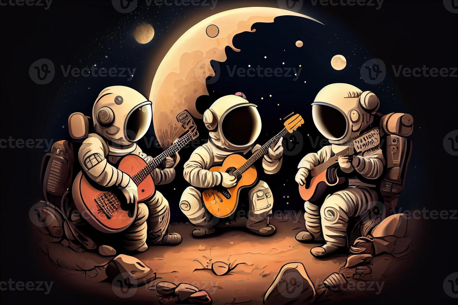illustration of a trio of astronauts making music on the lunar surface photo